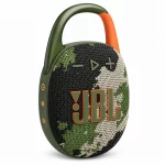 JBL Clip 5 Squad portable Bluetooth speaker angled front view with camouflage finish, JBL logo and carabiner