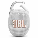 JBL Clip 5 white portable speaker front view with open carabiner, JBL logo and playback controls