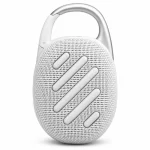 JBL Clip 5 white Bluetooth speaker rear view showing textured fabric back and integrated carabiner handle