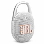 JBL Clip 5 white portable Bluetooth speaker angled front view with JBL logo, volume controls and side buttons