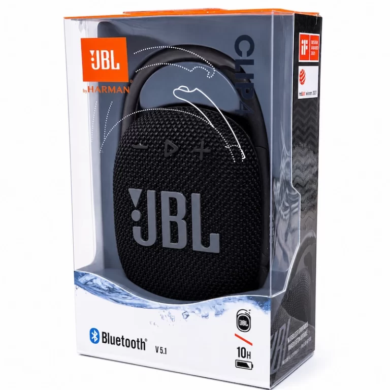 JBL Clip 4 portable Bluetooth speaker retail packaging shown from front angle