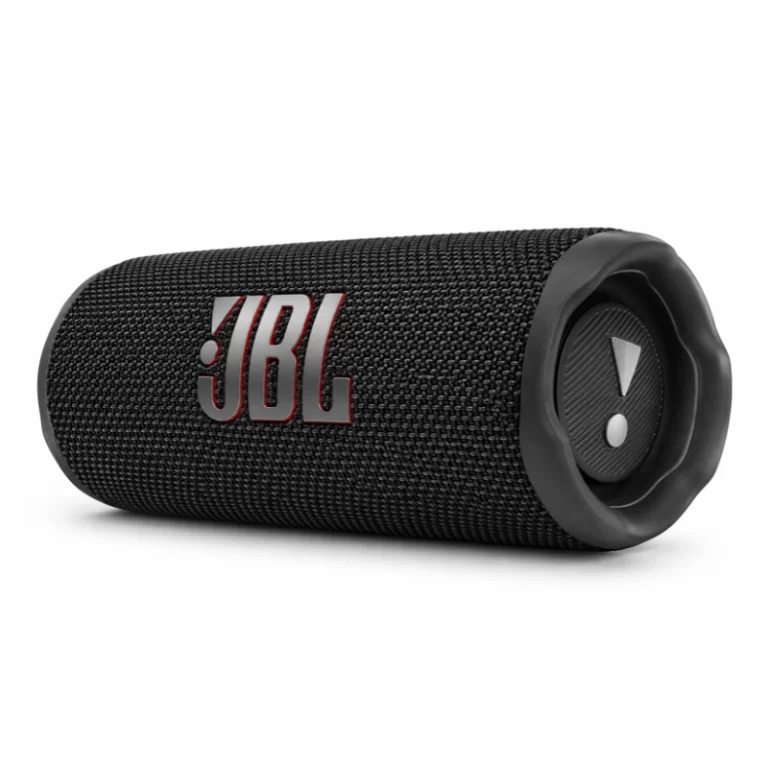 JBL Flip 6 black portable Bluetooth speaker angled view with large JBL logo and side passive radiator