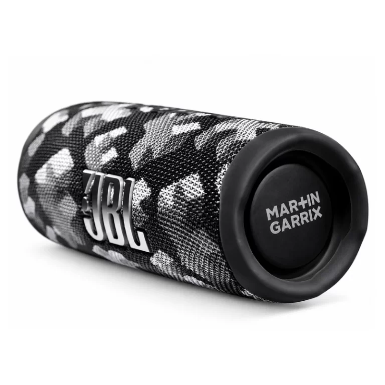 JBL Flip 6 Martin Garrix Edition speaker showing branded passive radiator and patterned fabric body