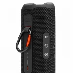 JBL Flip 7 black Bluetooth speaker rear view with carabiner, Bluetooth controls, USB-C port and fabric body