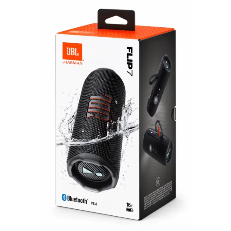 JBL Flip 7 black portable Bluetooth speaker retail box showing Bluetooth 5.4, 16-hour battery life and waterproof design