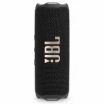 JBL Flip 7 black portable Bluetooth speaker standing upright with large JBL logo and woven fabric grille