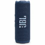 JBL Flip 7 blue portable Bluetooth speaker standing upright with large JBL logo and textured woven fabric grille