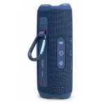 JBL Flip 7 blue Bluetooth speaker rear view with attached carabiner, control buttons and USB-C charging port