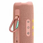 JBL Flip 7 pink Bluetooth speaker rear view with attached carabiner, control buttons and USB-C charging port