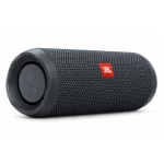 JBL Flip Essential 2 black portable Bluetooth speaker angled view with fabric grille, JBL logo and side bass radiator