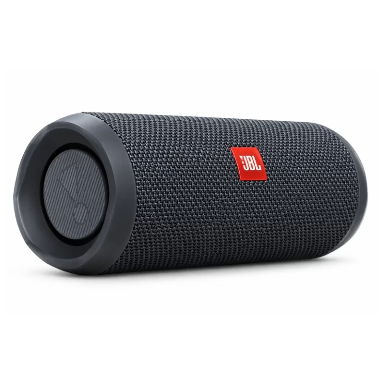 JBL Flip Essential 2 black portable Bluetooth speaker angled view with fabric grille, JBL logo and side bass radiator