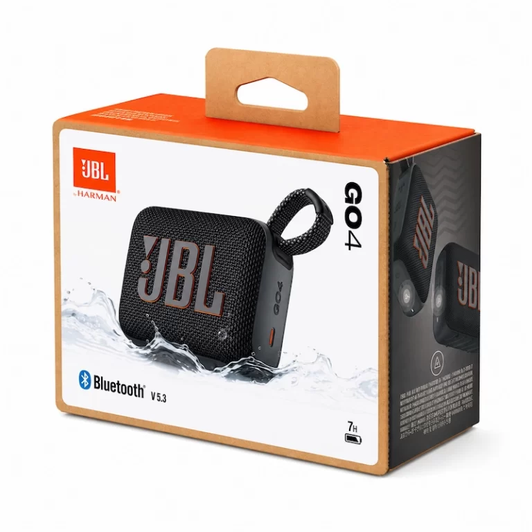JBL Go 4 portable Bluetooth speaker retail packaging shown from front angle