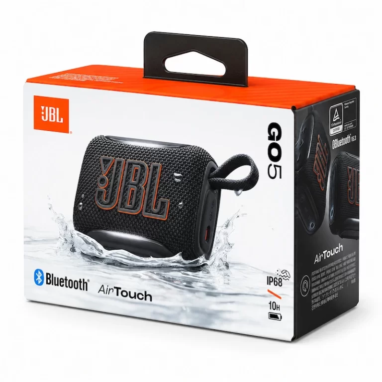 JBL Go 5 portable Bluetooth speaker retail packaging shown from front angle