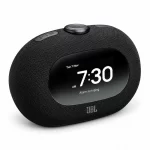 JBL Horizon 3 black Bluetooth clock radio angled front view showing 7:30 alarm ringing on digital display