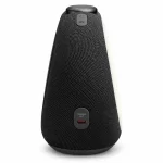 JBL Horizon 3 black clock radio rear view showing USB-C charge-out port and fabric-covered speaker body