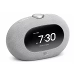 JBL Horizon 3 grey Bluetooth clock radio angled front view showing 7:30 alarm ringing on digital display