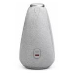 JBL Horizon 3 grey clock radio rear view showing USB-C charge-out port and fabric-covered speaker body