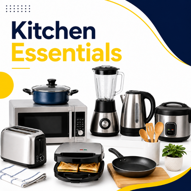 Kitchen essentials appliances including blender, toaster, kettle and microwave