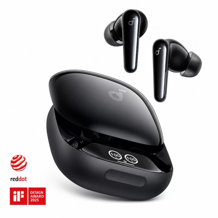 Soundcore Liberty 4 Pro earbuds with black charging case open front angle