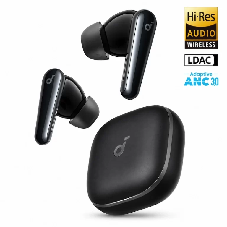 Soundcore Liberty 5 black earbuds with matching charging case front angle