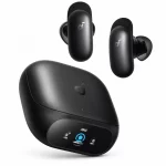 Soundcore Liberty 5 Pro black earbuds with matching charging case front angle