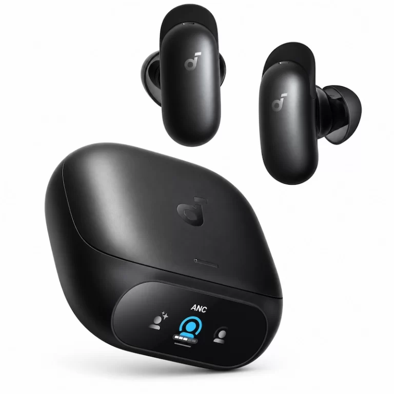 Soundcore Liberty 5 Pro black earbuds with matching charging case front angle