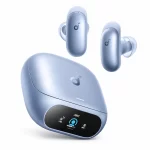 Soundcore Liberty 5 Pro blue earbuds with matching charging case front angle
