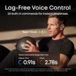 Soundcore Liberty 5 Pro blue earbud worn during lag-free voice control demonstration