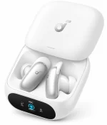 Soundcore Liberty 5 Pro white earbuds inside open charging case