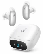 Soundcore Liberty 5 Pro white earbuds with matching charging case front angle