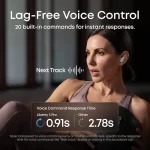 Woman wearing Soundcore Liberty 5 Pro white earbud during lag-free voice control demonstration