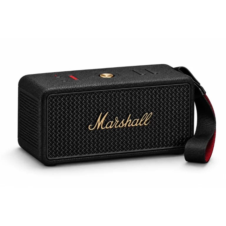 Marshall Middleton II Black and Brass portable Bluetooth speaker with gold Marshall logo and carry strap