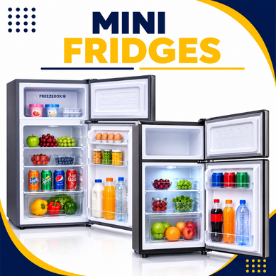 Mini fridges with open doors storing drinks, fruits, and snacks