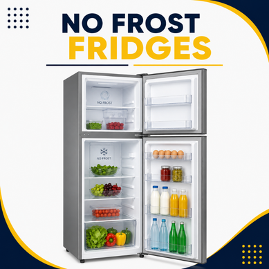 No frost fridges with open doors and organized fresh food storage