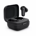 Soundcore P30i earbud beside open charging case with phone stand