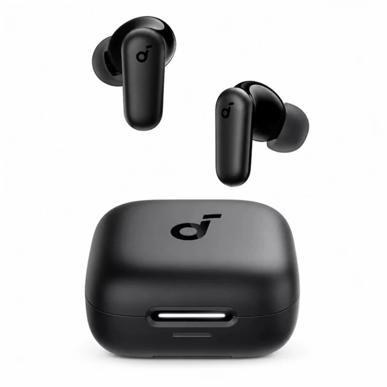 Soundcore P30i wireless earbuds and charging case front view in black