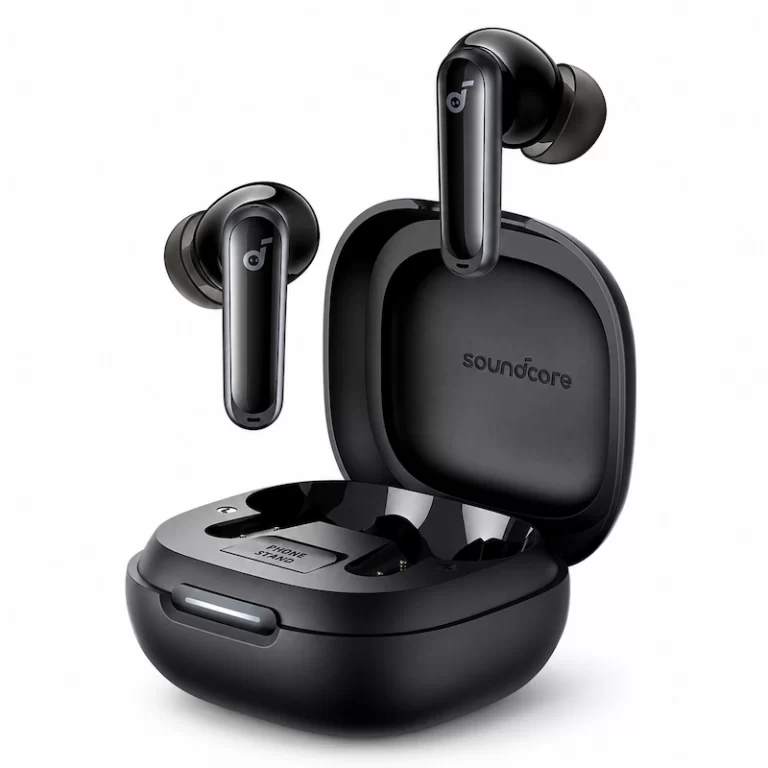 Soundcore P40i noise cancelling earbuds beside open charging case stand