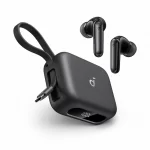 Soundcore P4i earbuds beside charging case with built-in USB-C cable