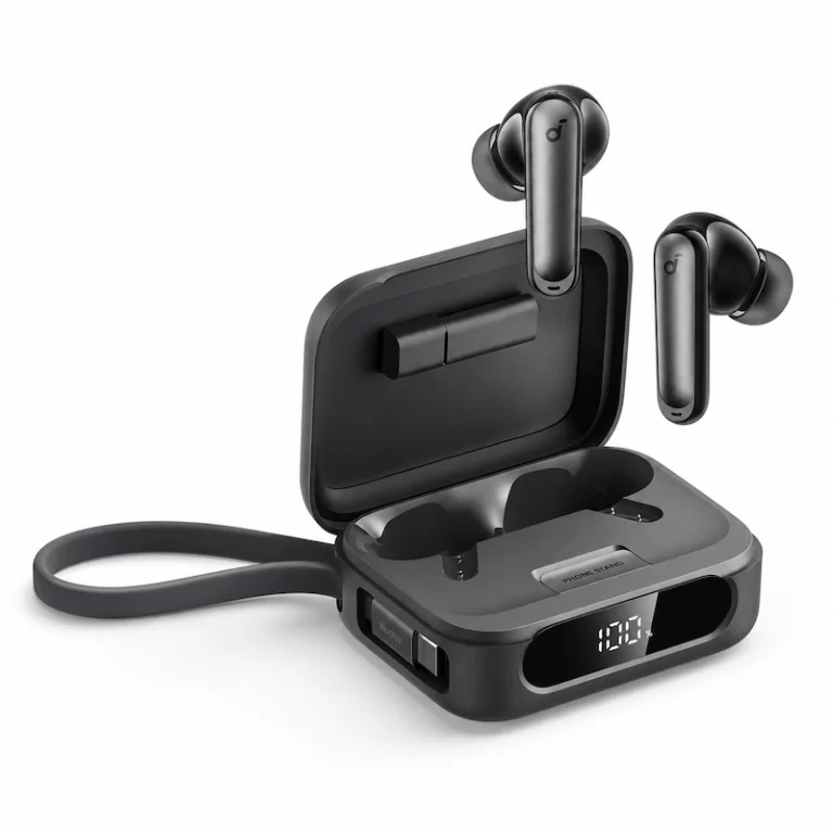 Soundcore P4i earbuds beside open charging case with battery percentage