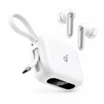 Soundcore P41i white earbuds beside case with built-in USB-C cable