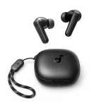 Soundcore R50i wireless earbuds beside closed charging case with strap