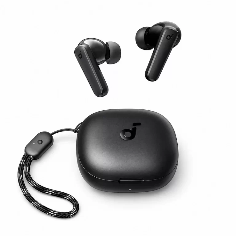 Soundcore R50i wireless earbuds beside closed charging case with strap