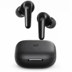 Soundcore R60i NC earbuds beside black charging case front view