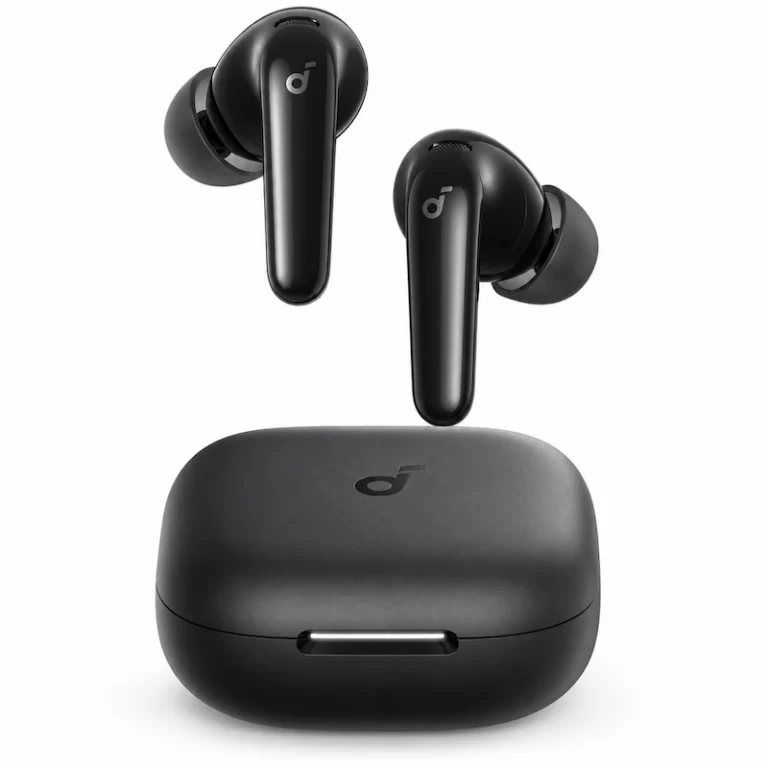 Soundcore R60i NC earbuds beside black charging case front view