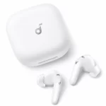 Soundcore R60i NC true wireless earbuds beside white charging case