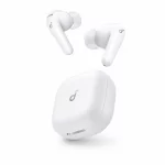 Soundcore R60i NC white earbuds beside charging case angle view