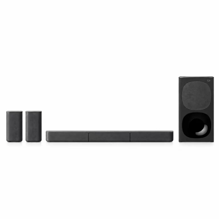 Sony HT-S20R soundbar, subwoofer and dual rear speakers displayed on white background