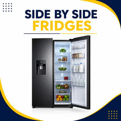 Alt Text: Side by side fridges with open door and water dispenser