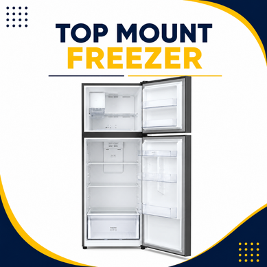 Top mount freezer fridge with open doors and spacious compartments