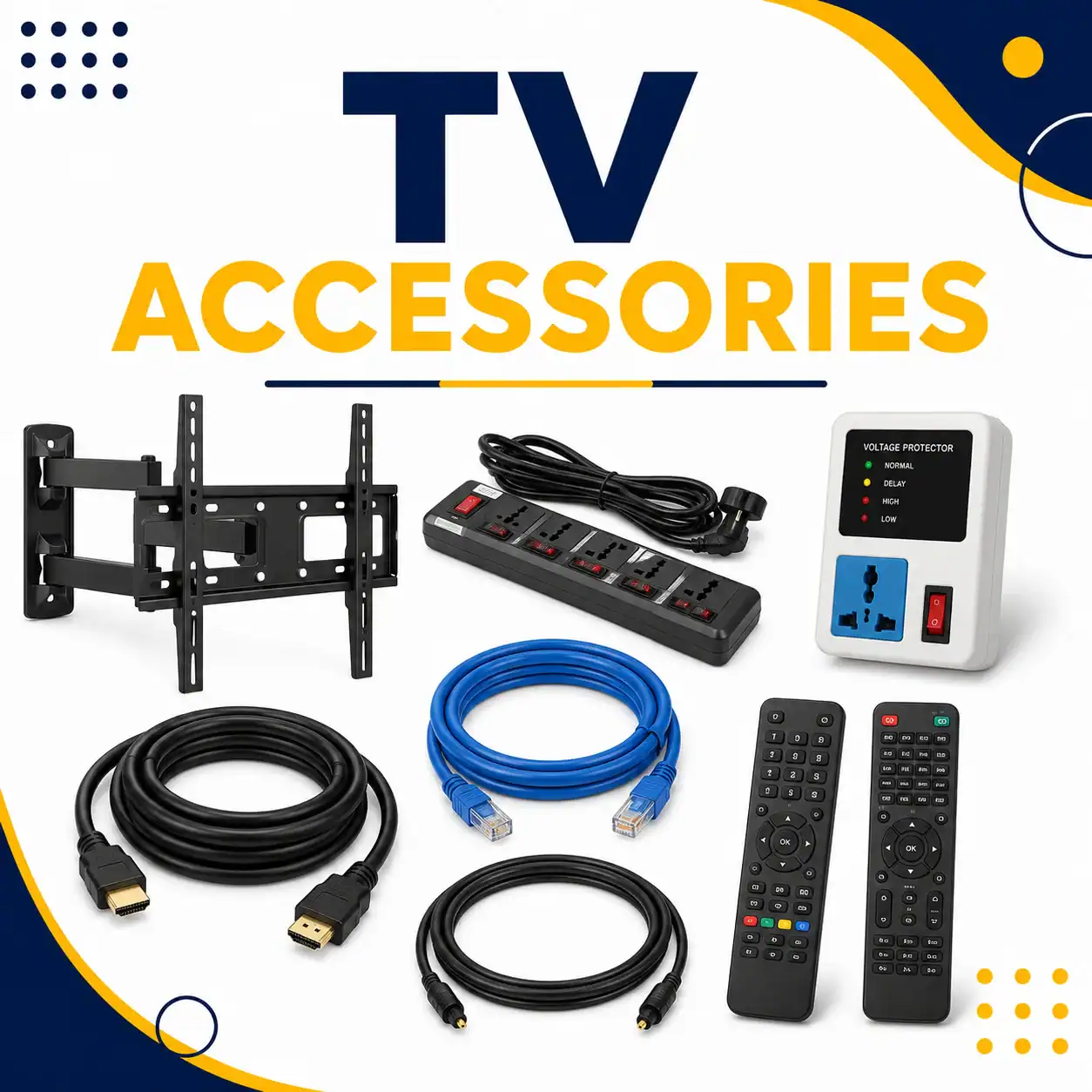 TV accessories thumbnail featuring wall mount, cables, remotes, and power protection